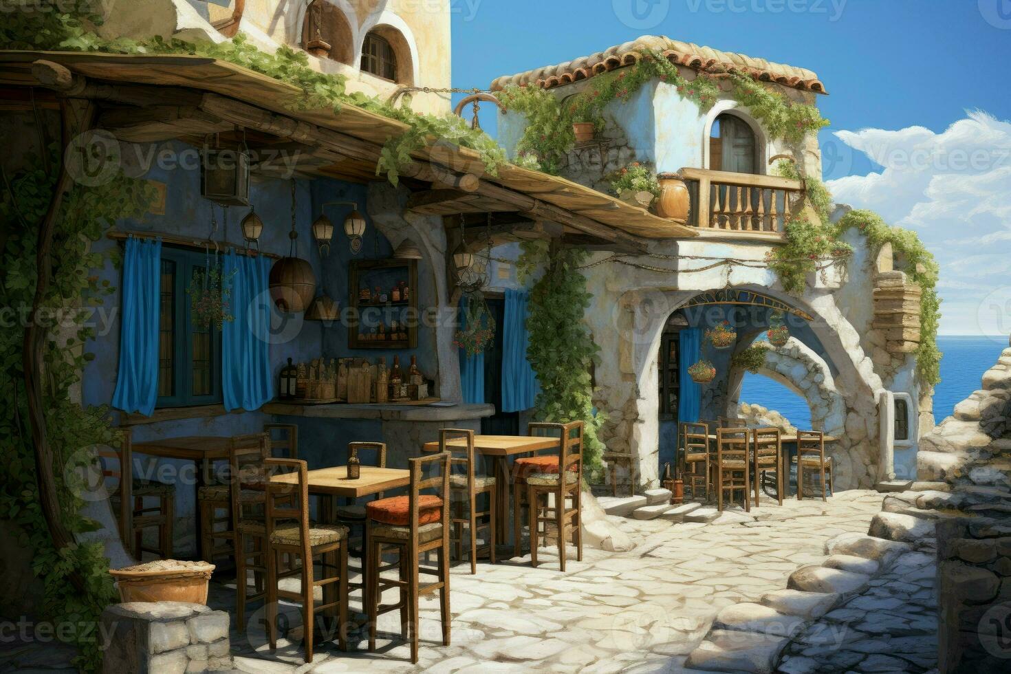 AI generated Traditional Greek tavern near sea. Generate Ai photo