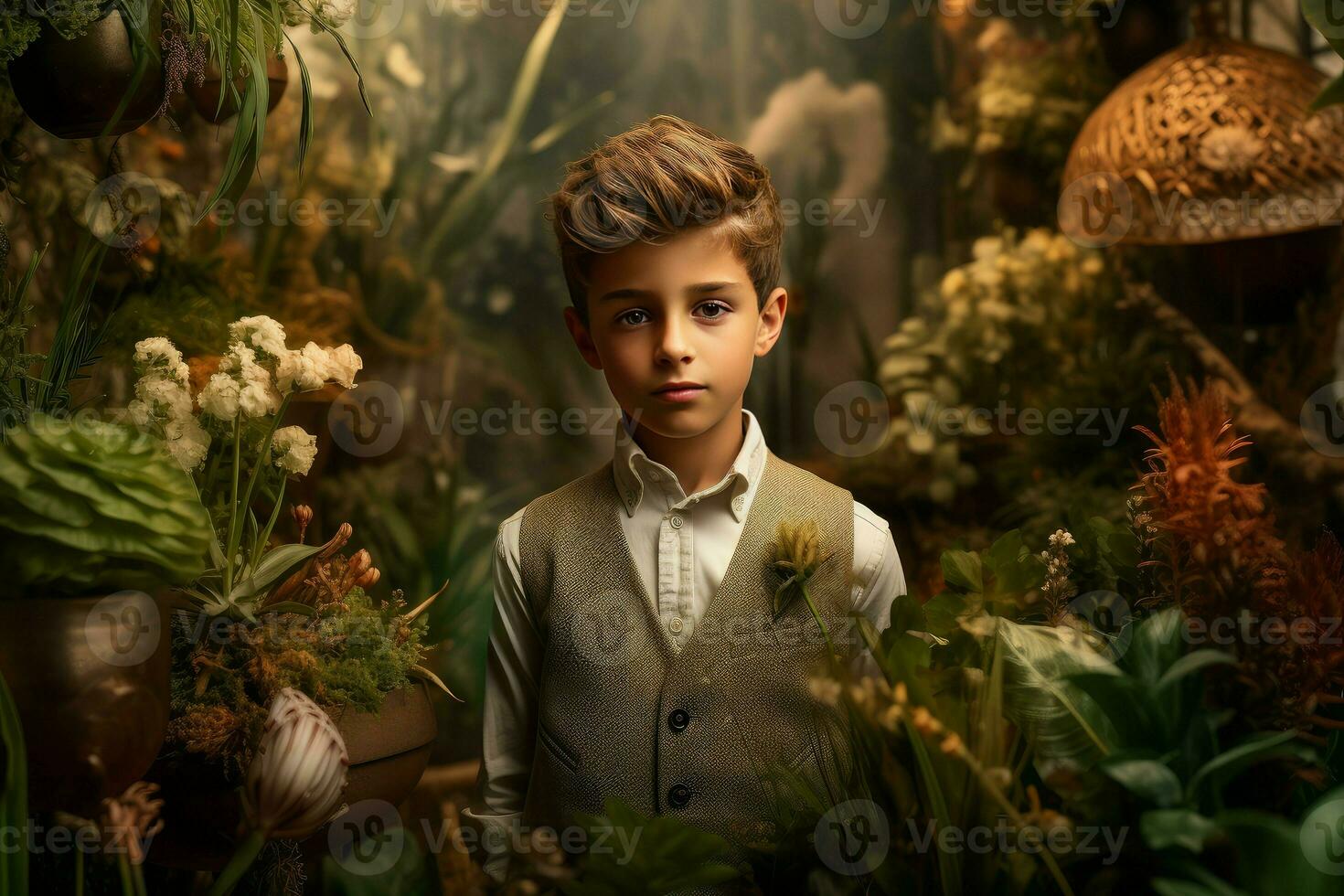 AI generated Flourishing Botanic plants child boy. Generate Ai photo