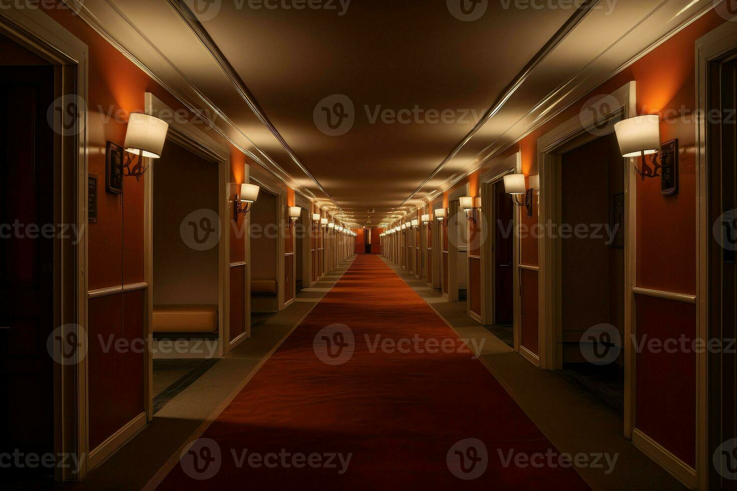 AI generated Carpeted Interior long hotel corridor. Generate Ai photo