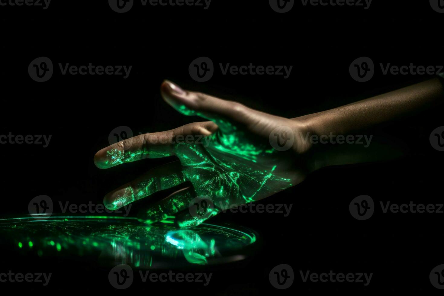 ai generado verde holograma de humano mano en oscuro antecedentes. generar ai foto