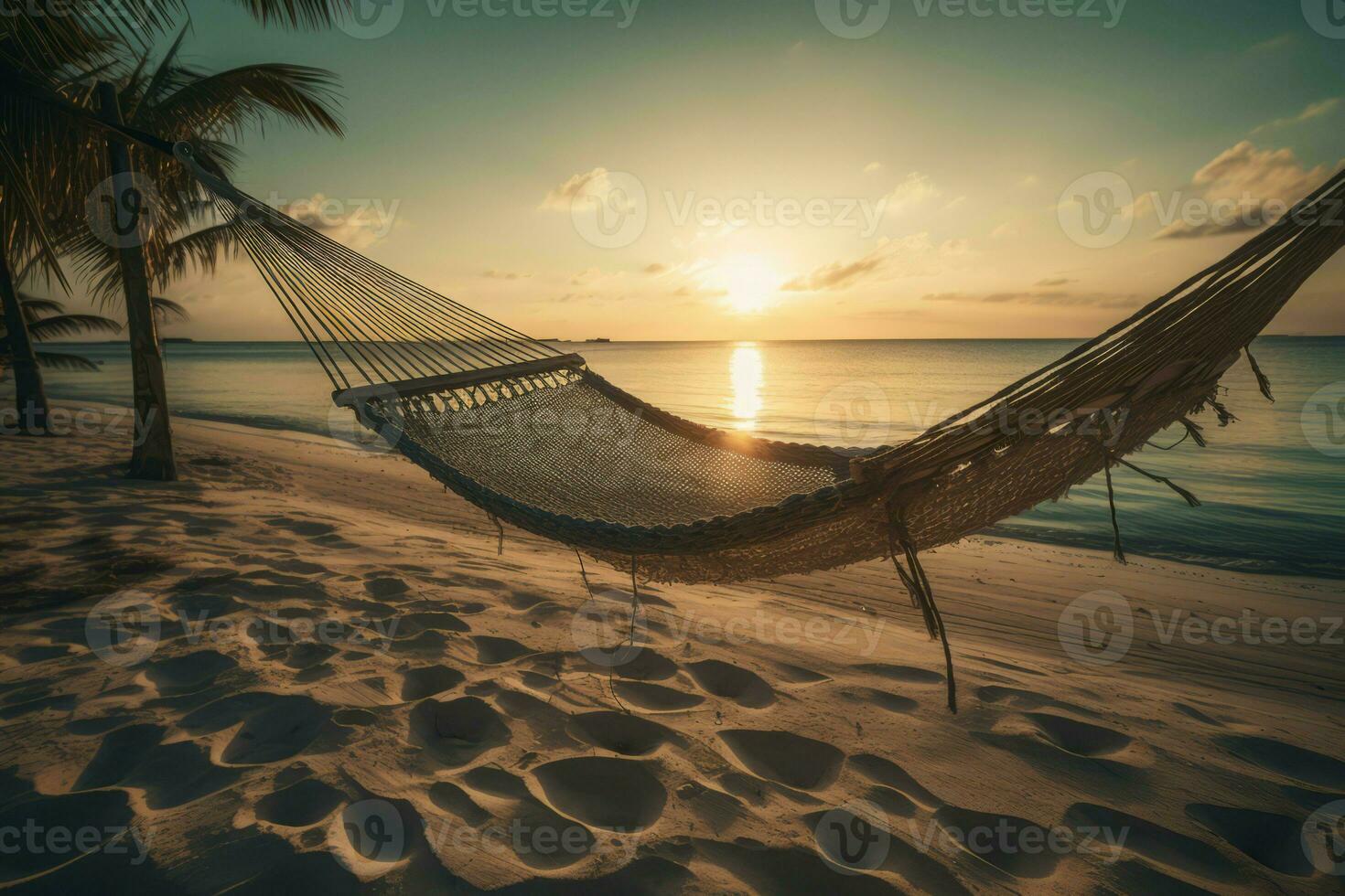 AI generated Hammock on tropical coastline with sunrise scenic view. Generate ai photo