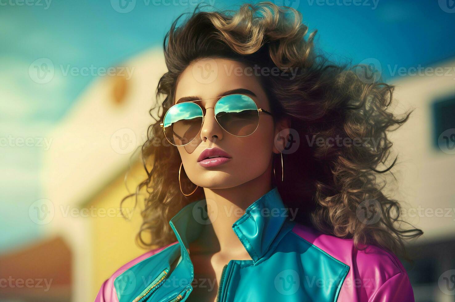 AI generated Female dressed in vibrant retro futuristic outfit. Generate ai photo