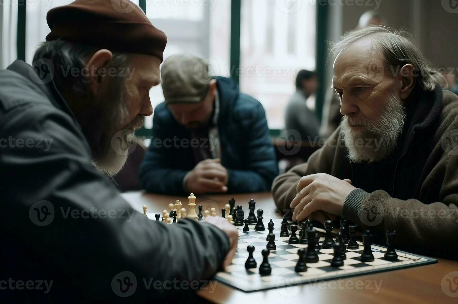 ai generado hombres Participantes jugando ajedrez juego en torneo. generar ai foto