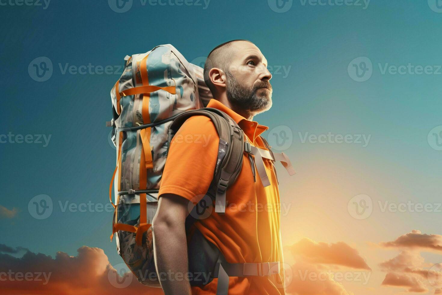 AI generated Bearded man traveler lifting backpack outdoor portrait. Generate ai photo