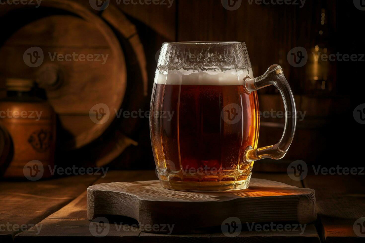 AI generated Large beer mug on wooden board. Generate ai photo