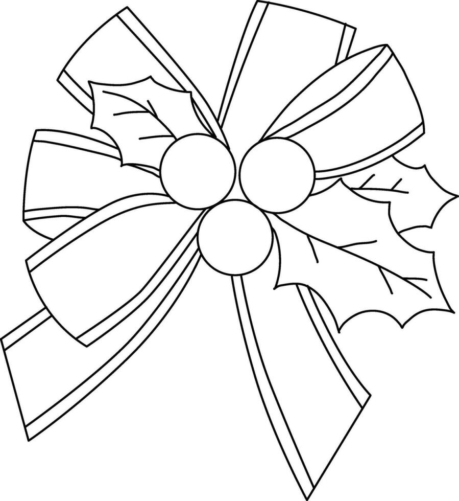 Ribbon tied into a beautiful bow, drawn with simple lines. The bow is attached to gift boxes or embellishes cards. Hand drawn bow with simple lines. Ribbon tied Christmas bow adorned with holly. vector