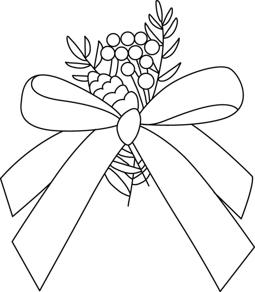 Ribbon tied into a beautiful bow, drawn with simple lines. The bow is attached to gift boxes or embellishes cards. Hand drawn bow with simple lines. Ribbon tied Christmas bow adorned with holly. vector