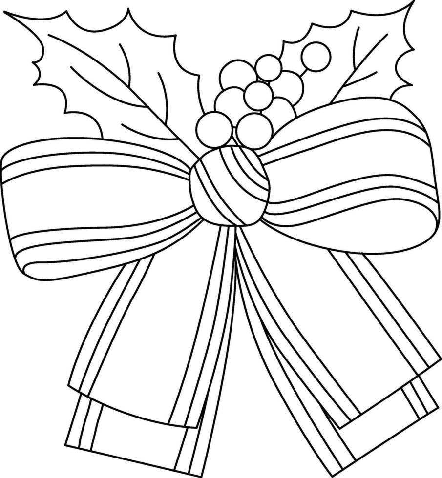 Ribbon tied into a beautiful bow, drawn with simple lines. The bow is attached to gift boxes or embellishes cards. Hand drawn bow with simple lines. Ribbon tied Christmas bow adorned with holly. vector