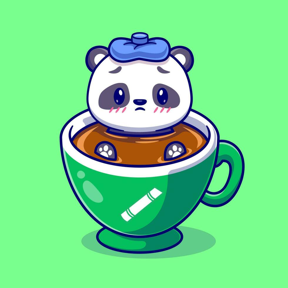 Cute Panda Fever In Coffee Cartoon Vector Icon Illustration. Animal Food Icon Concept Isolated Premium Vector. Flat Cartoon Style