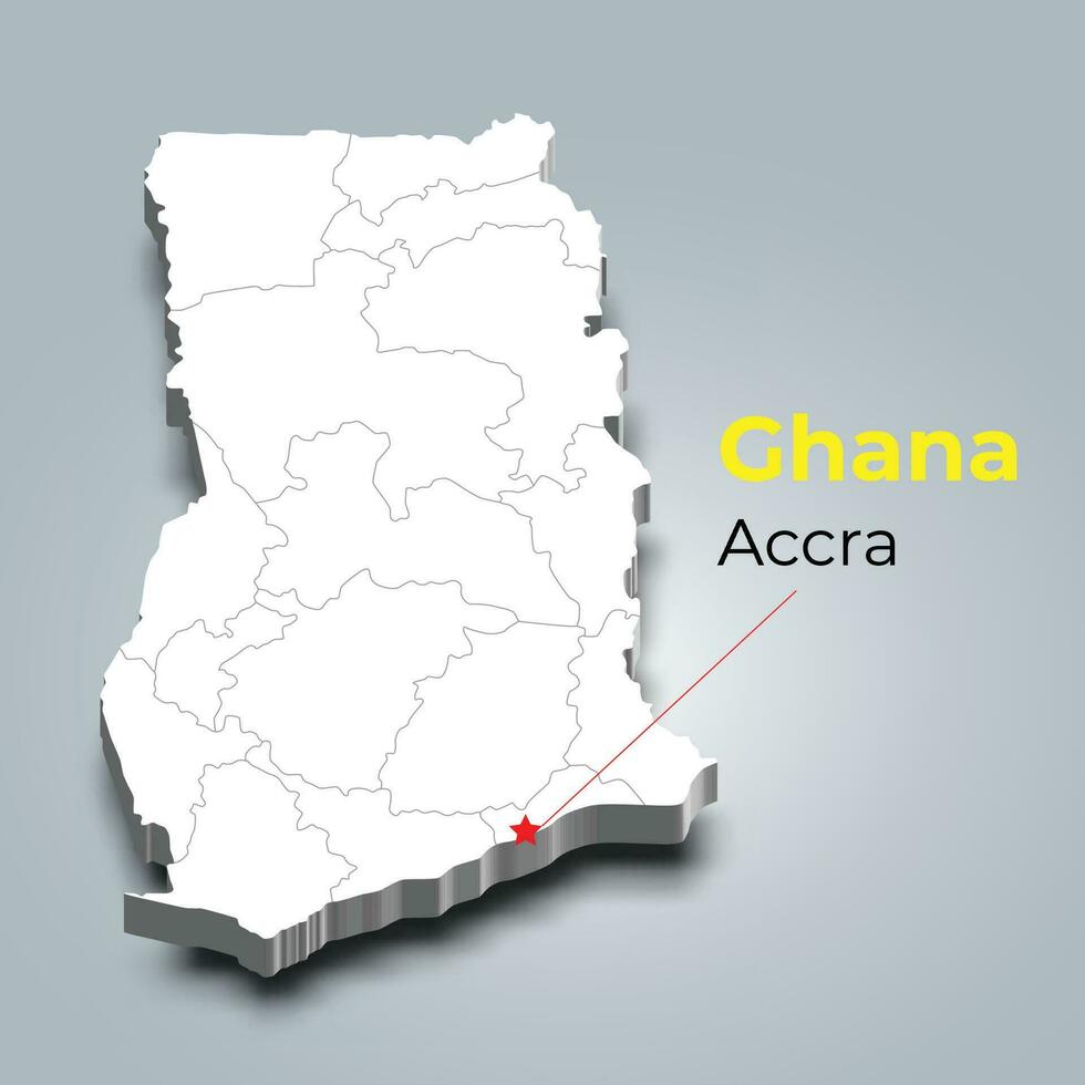 Ghana 3d map with borders of regions and its capital vector