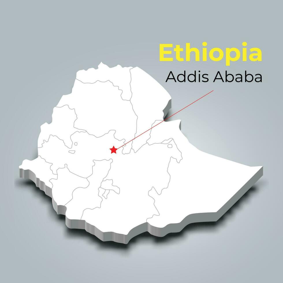 Ethiopia 3d map with borders of regions and its capital vector