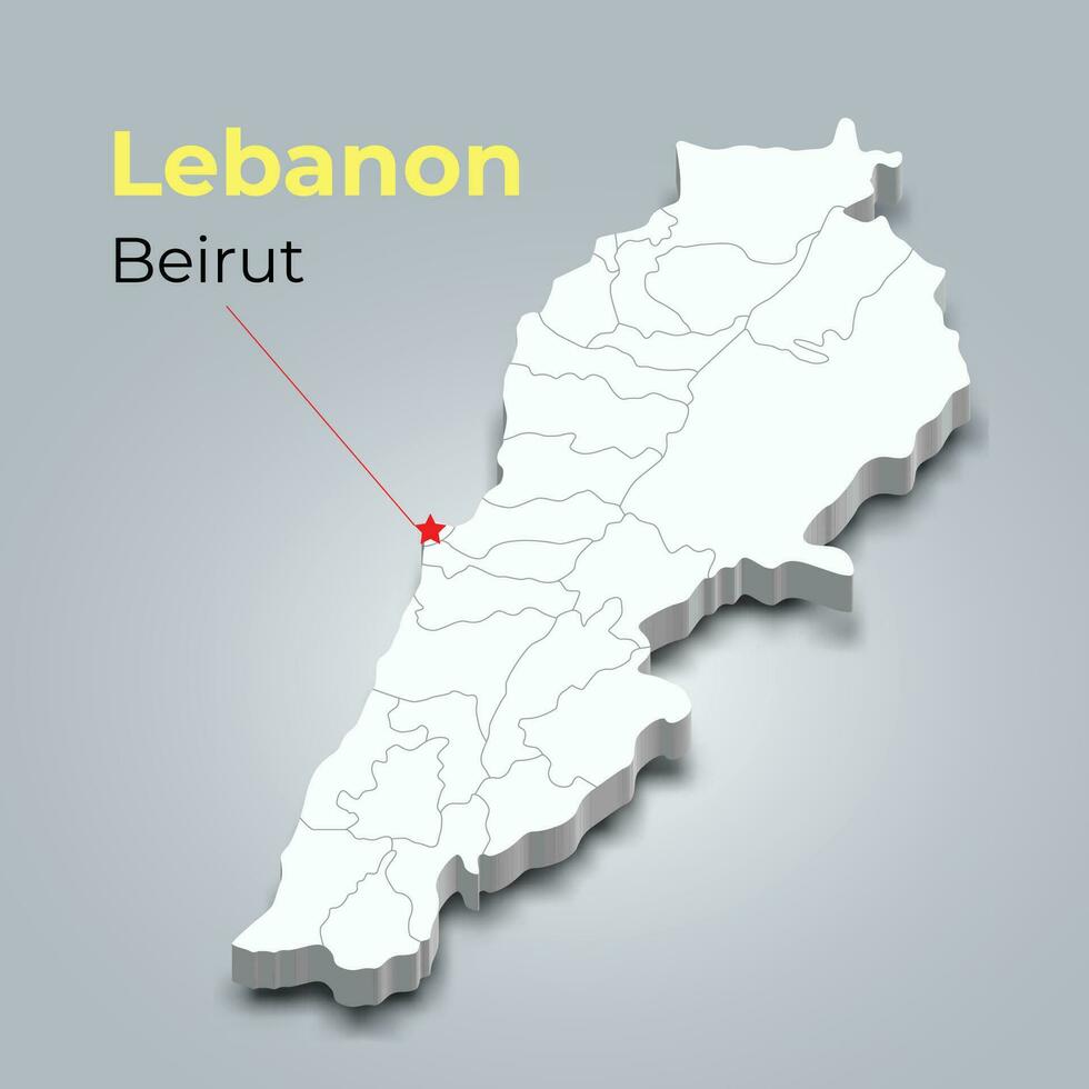 Líbano 3d mapa con fronteras de regiones y sus capital vector