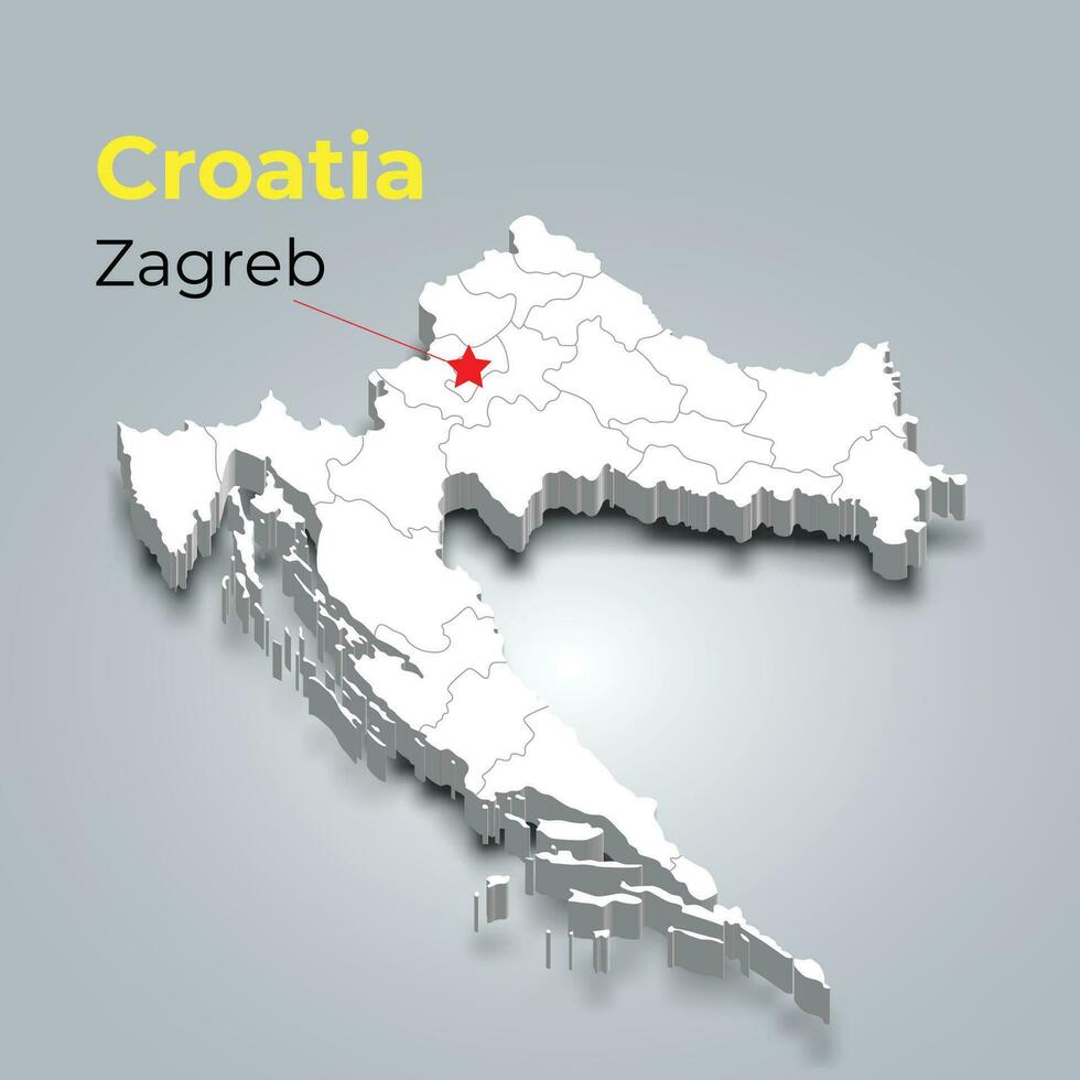 Croacia 3d mapa con fronteras de regiones y sus capital vector