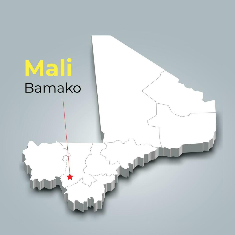 Mali 3d map with borders of regions and its capital vector