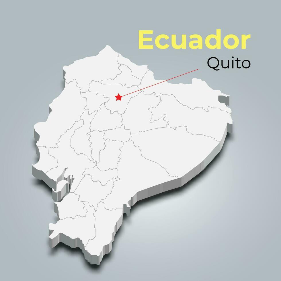 Ecuador 3d map with borders of regions and its capital vector