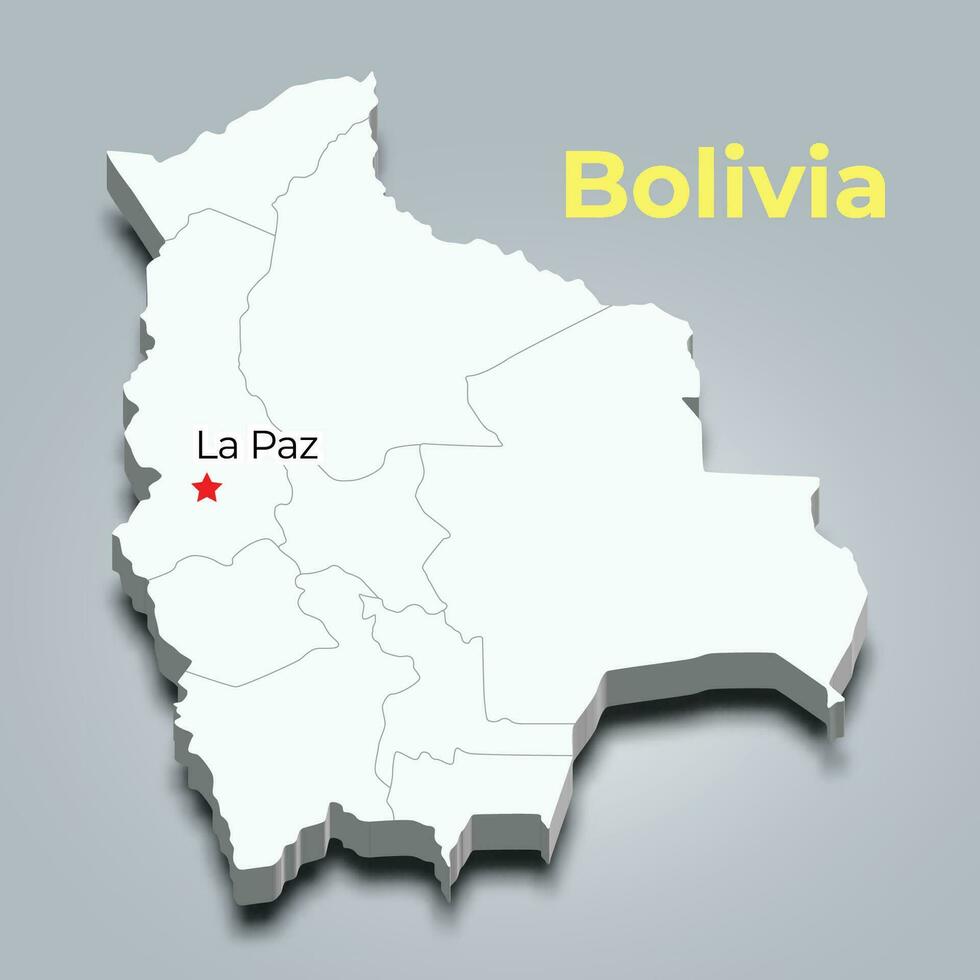 Bolivia 3d map with borders of regions and its capital vector