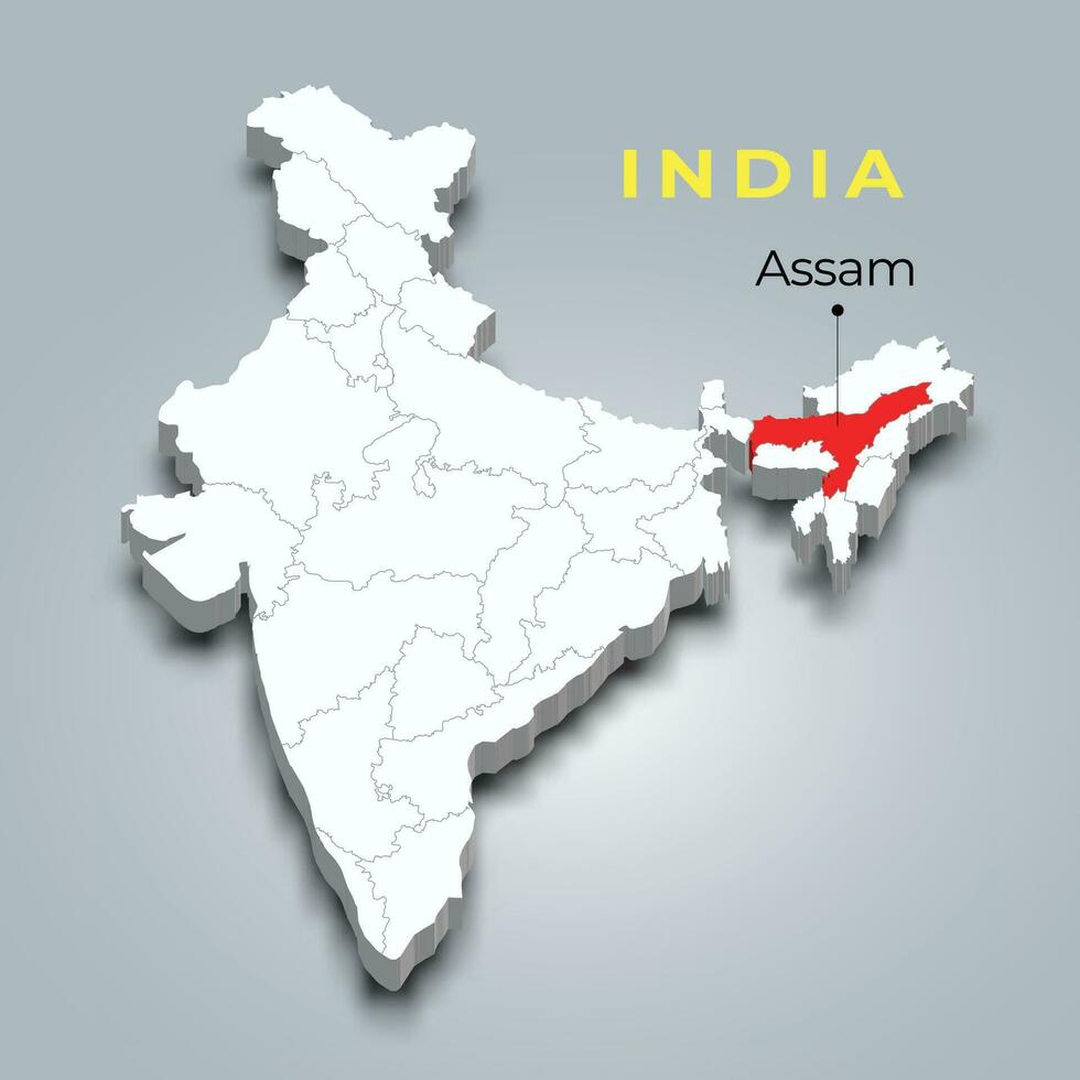 Assam estado mapa ubicación en indio 3d isométrica mapa. Assam mapa vector ilustración