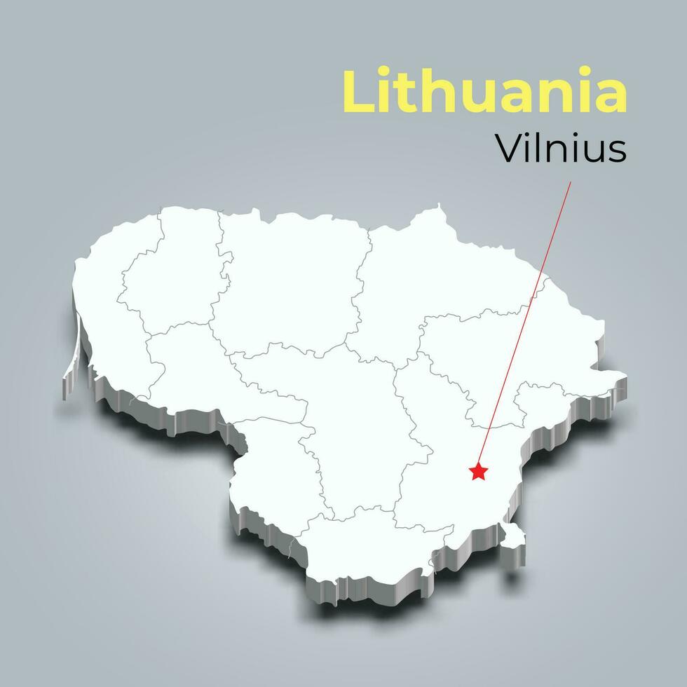 Lituania 3d mapa con fronteras de regiones y sus capital vector