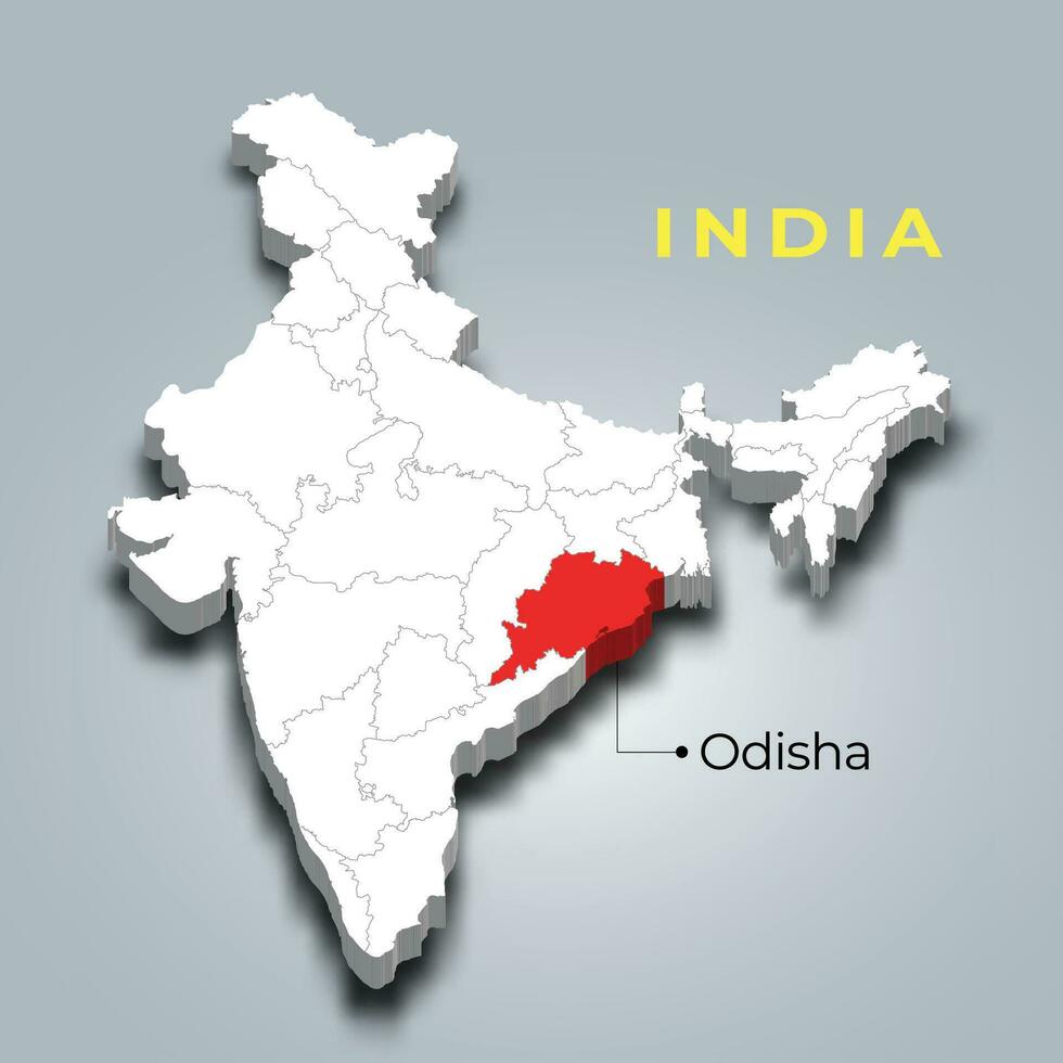 Odisha state map location in Indian 3d isometric map. Odisha map vector illustration