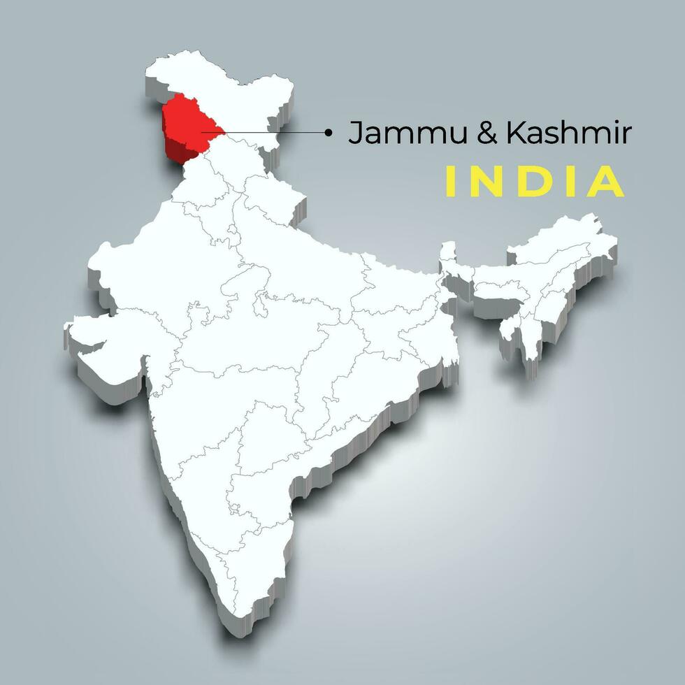 Jammu and Kashmir map location in Indian 3d isometric map. Jammu and Kashmir map vector illustration