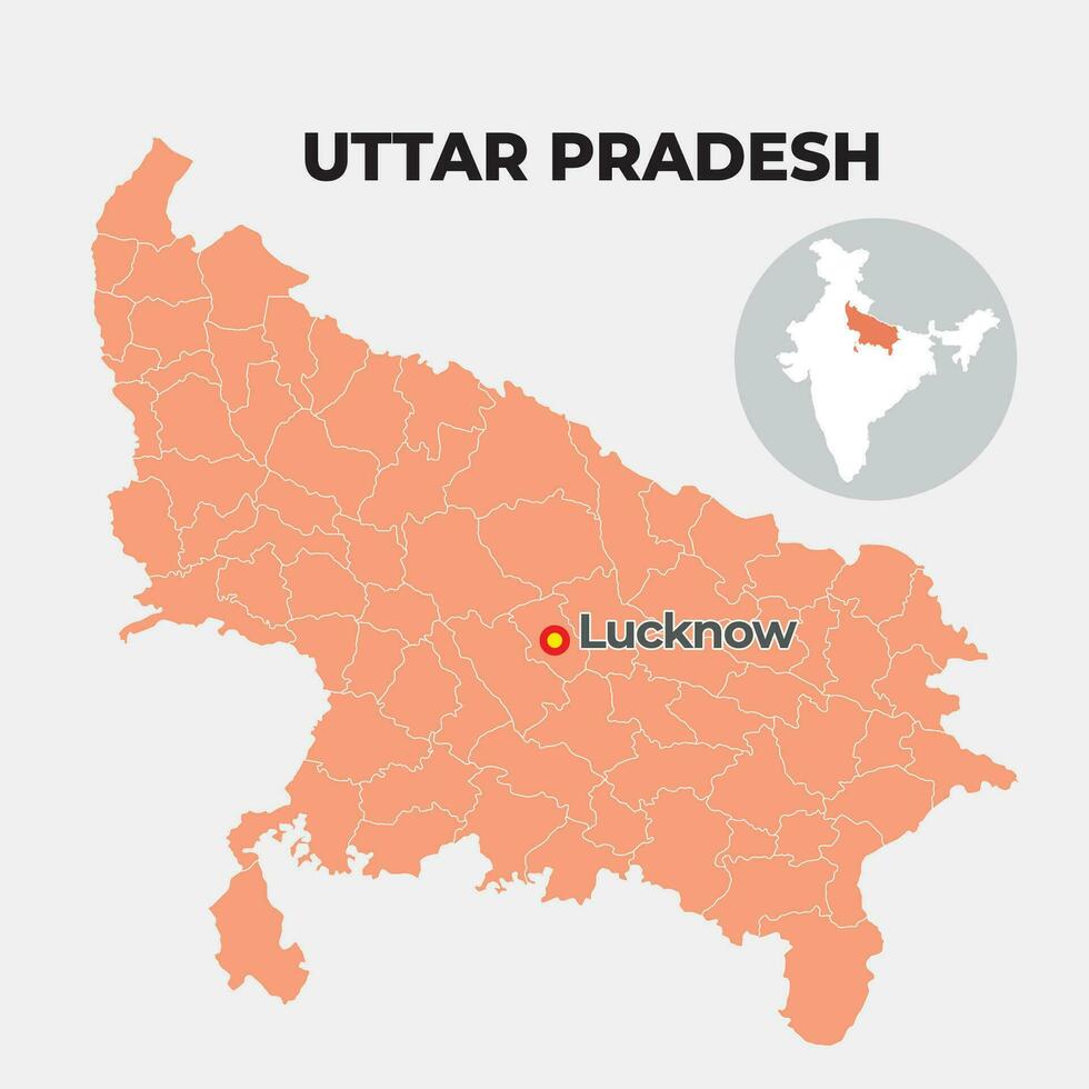 Uttar Pradesh locator map showing District and its capital vector