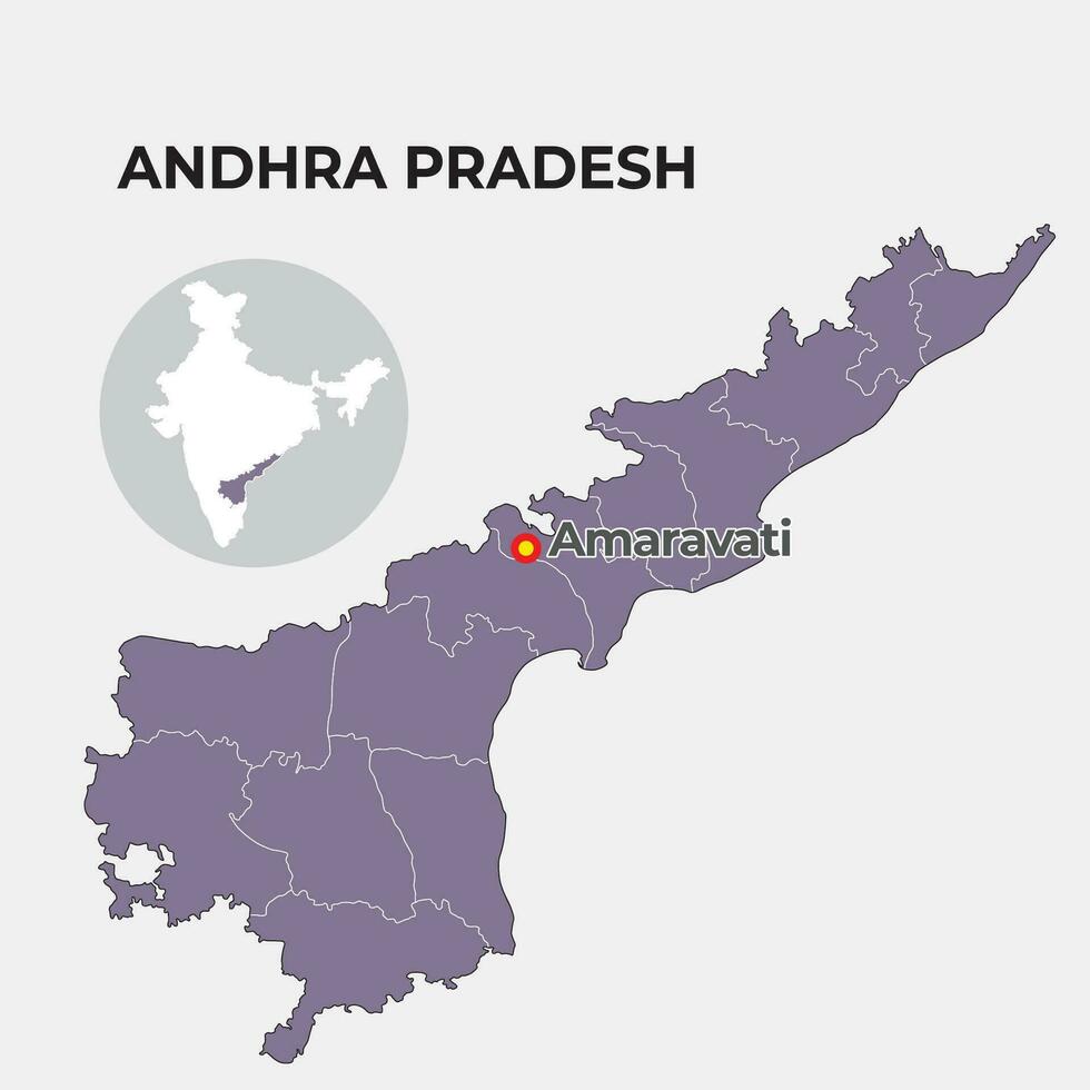 Andhra Pradesh locator map showing District and its capital vector