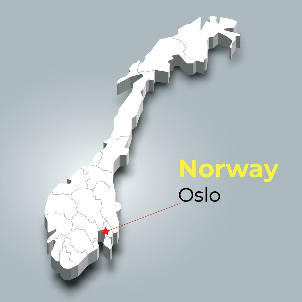 Noruega 3d mapa con fronteras de regiones y sus capital vector