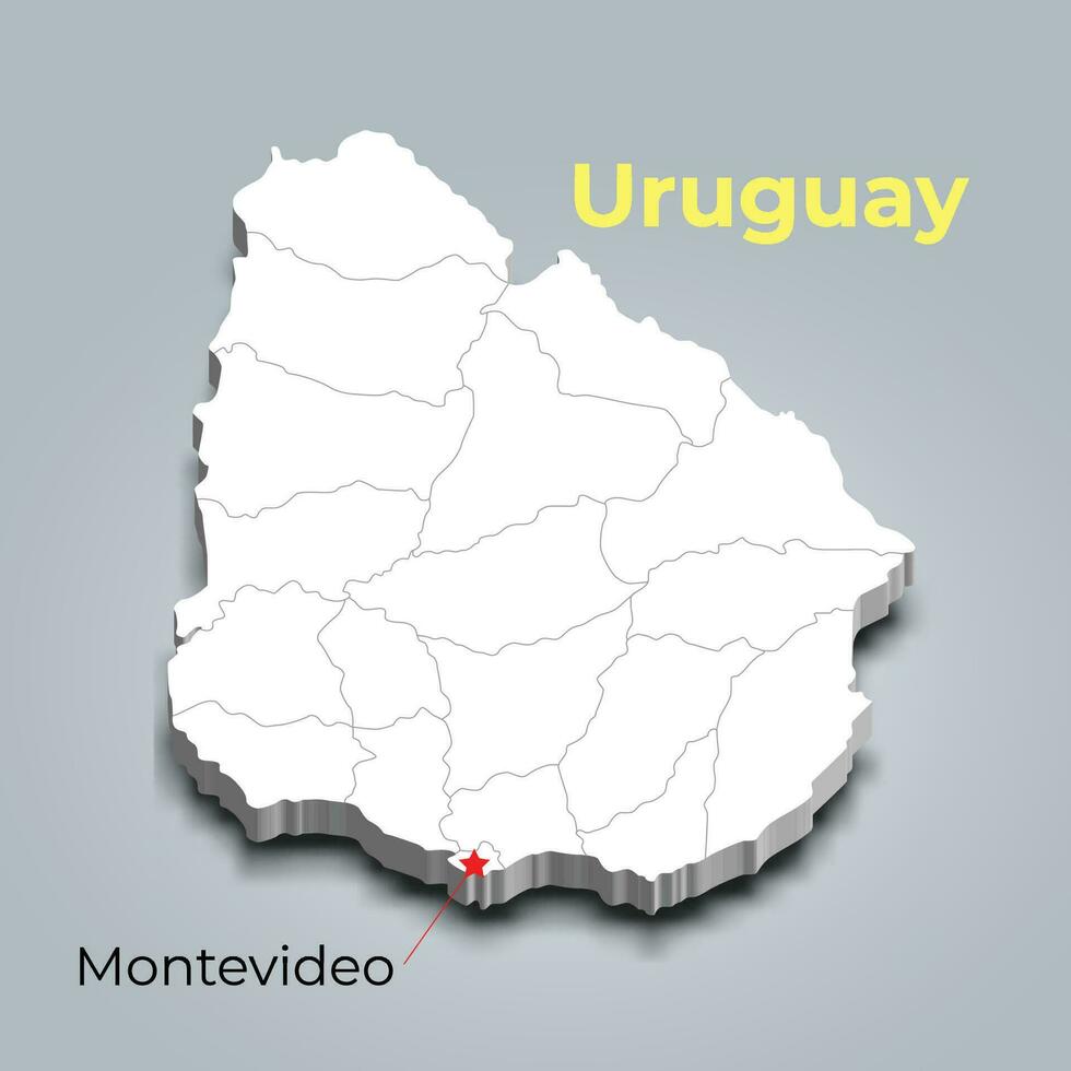 Uruguay 3d mapa con fronteras de regiones y sus capital vector