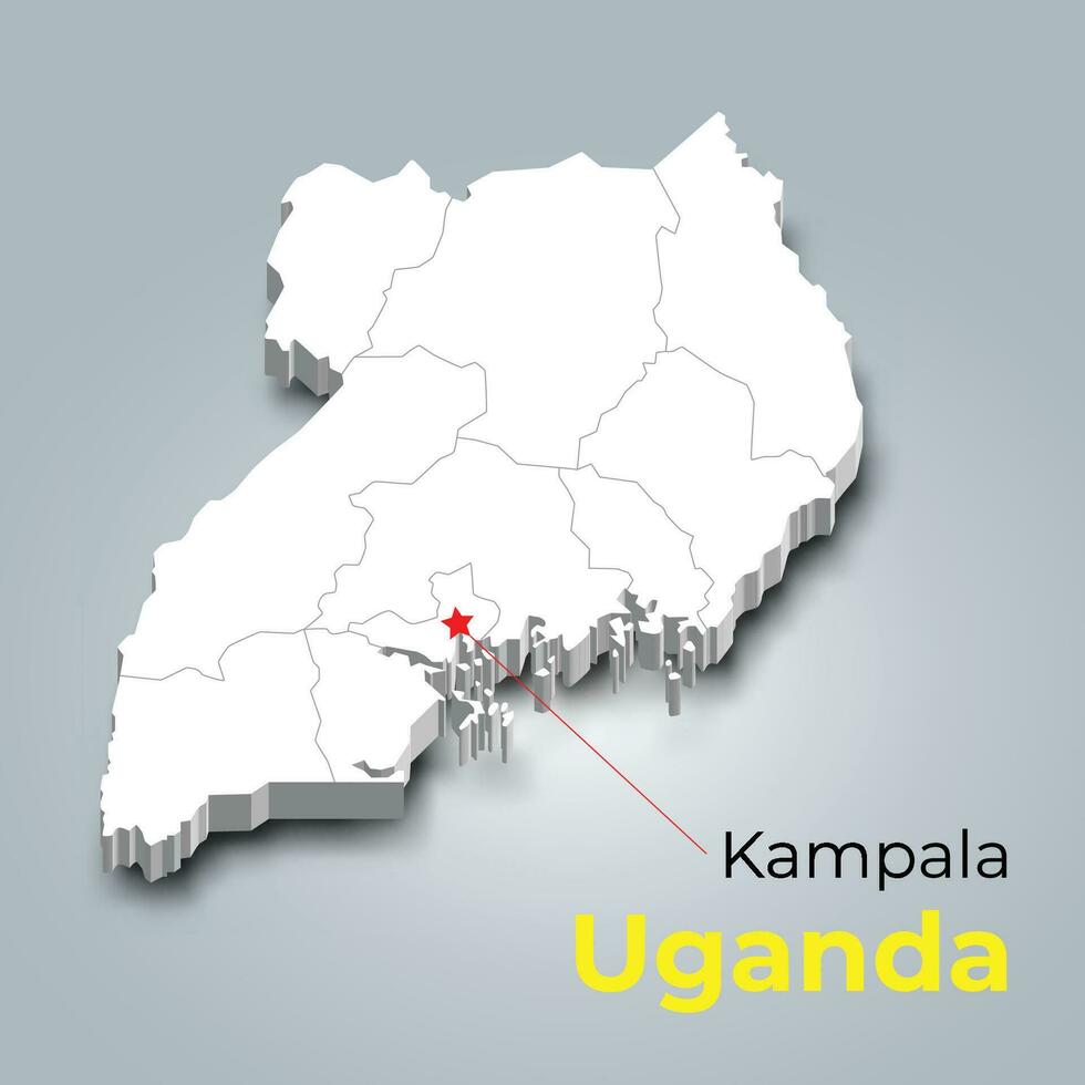 Uganda 3d mapa con fronteras de regiones y sus capital vector