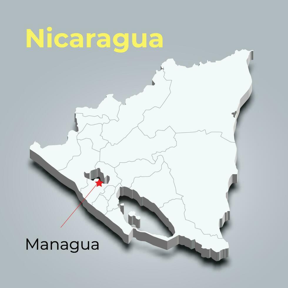 Nicaragua 3d mapa con fronteras de regiones y sus capital vector