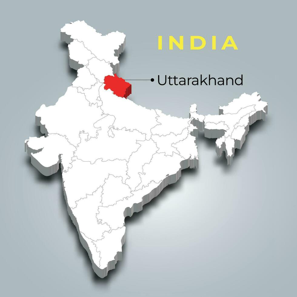 Uttarakhand state map location in Indian 3d isometric map. Uttarakhand map vector illustration