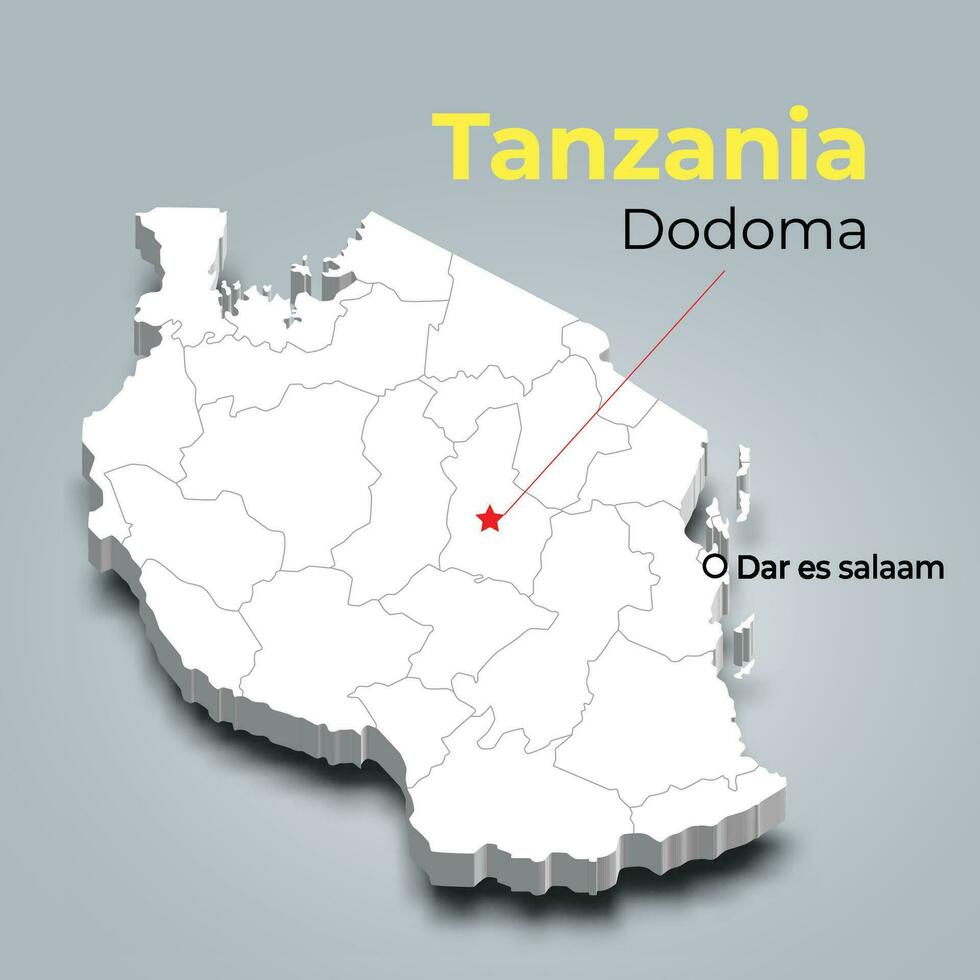 Tanzania 3d map with borders of regions and its capital vector