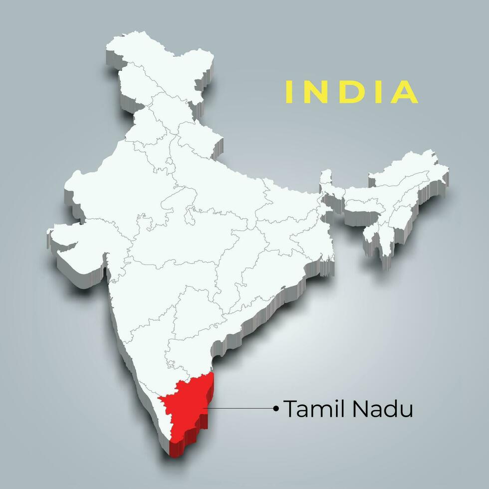 Tamil Nadu state map location in Indian 3d isometric map. Tamil Nadu map vector illustration