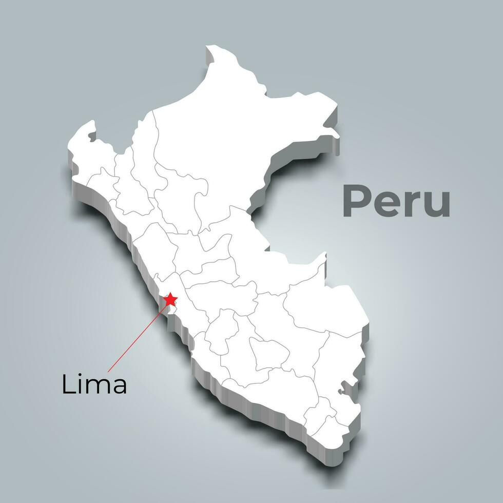 Peru 3d map with borders of regions and its capital vector
