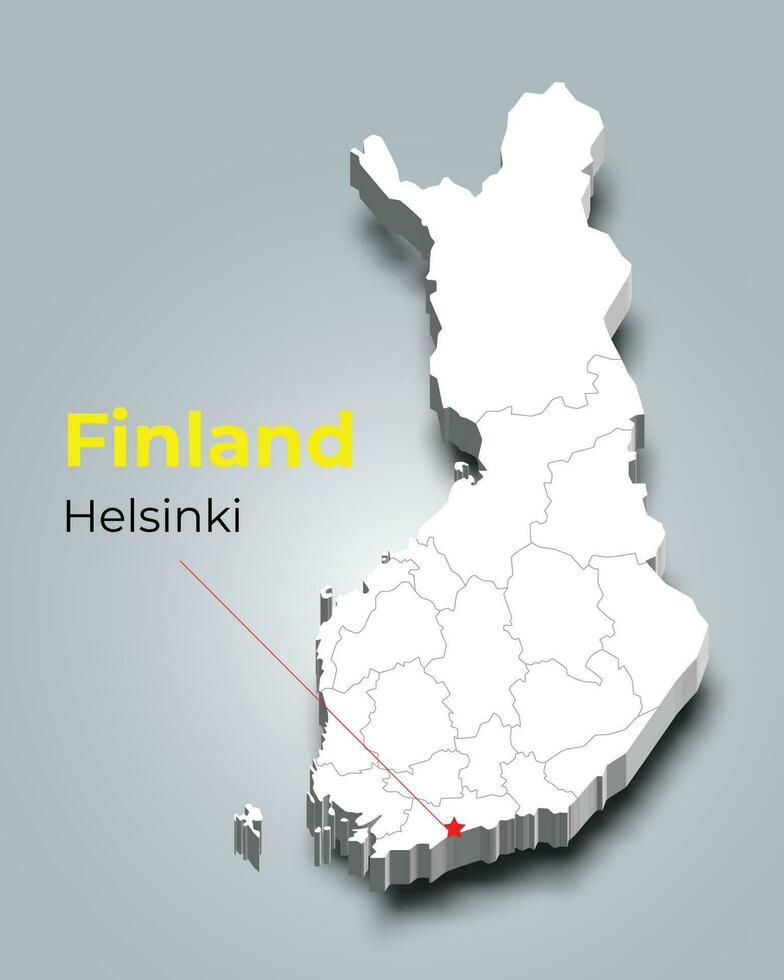 Finland 3d map with borders of regions and its capital vector