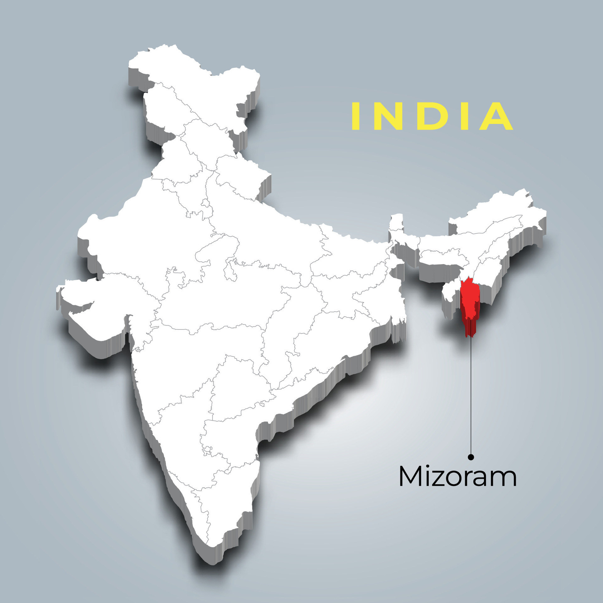 Mizoram state map location in Indian 3d isometric map. Mizoram map