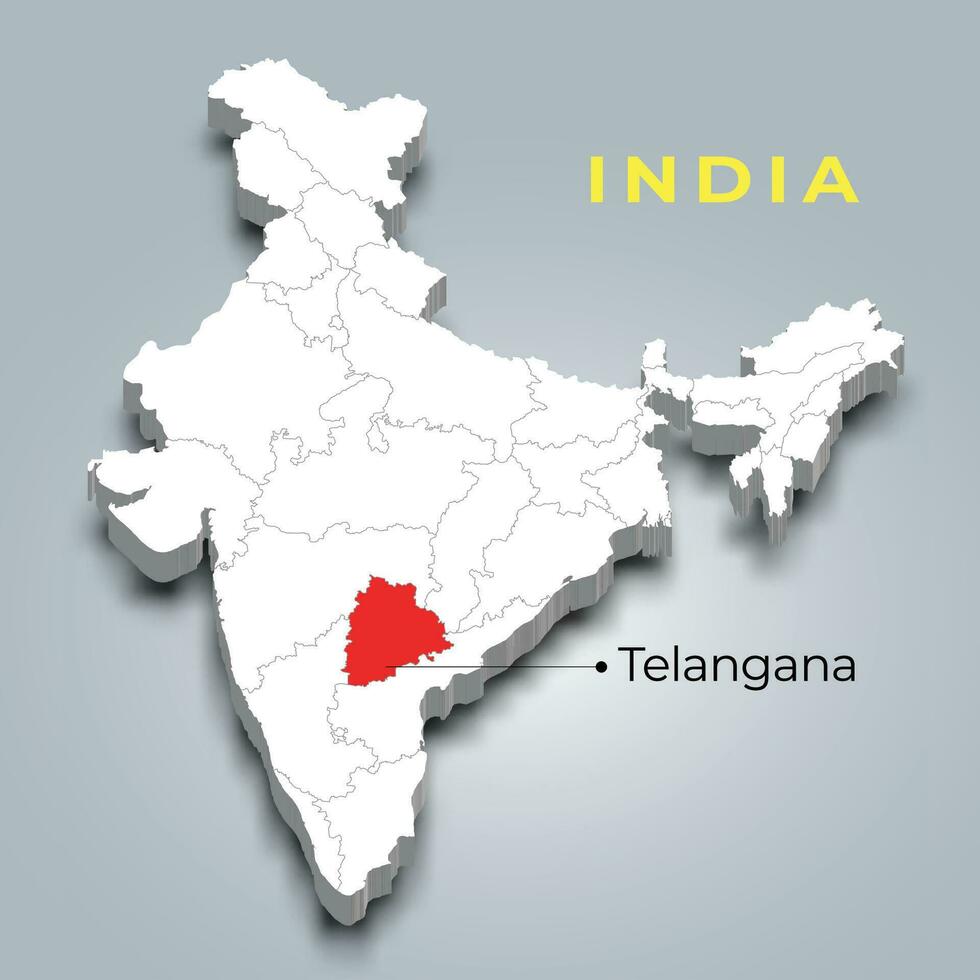 Telangana state map location in Indian 3d isometric map. Telangana map vector illustration