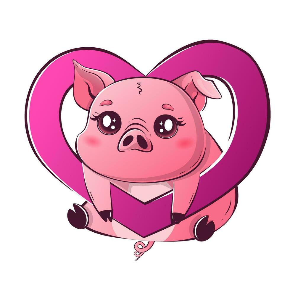 Kawaii pig sticks out in a big heart. Cute animals for Valentine's Day vector