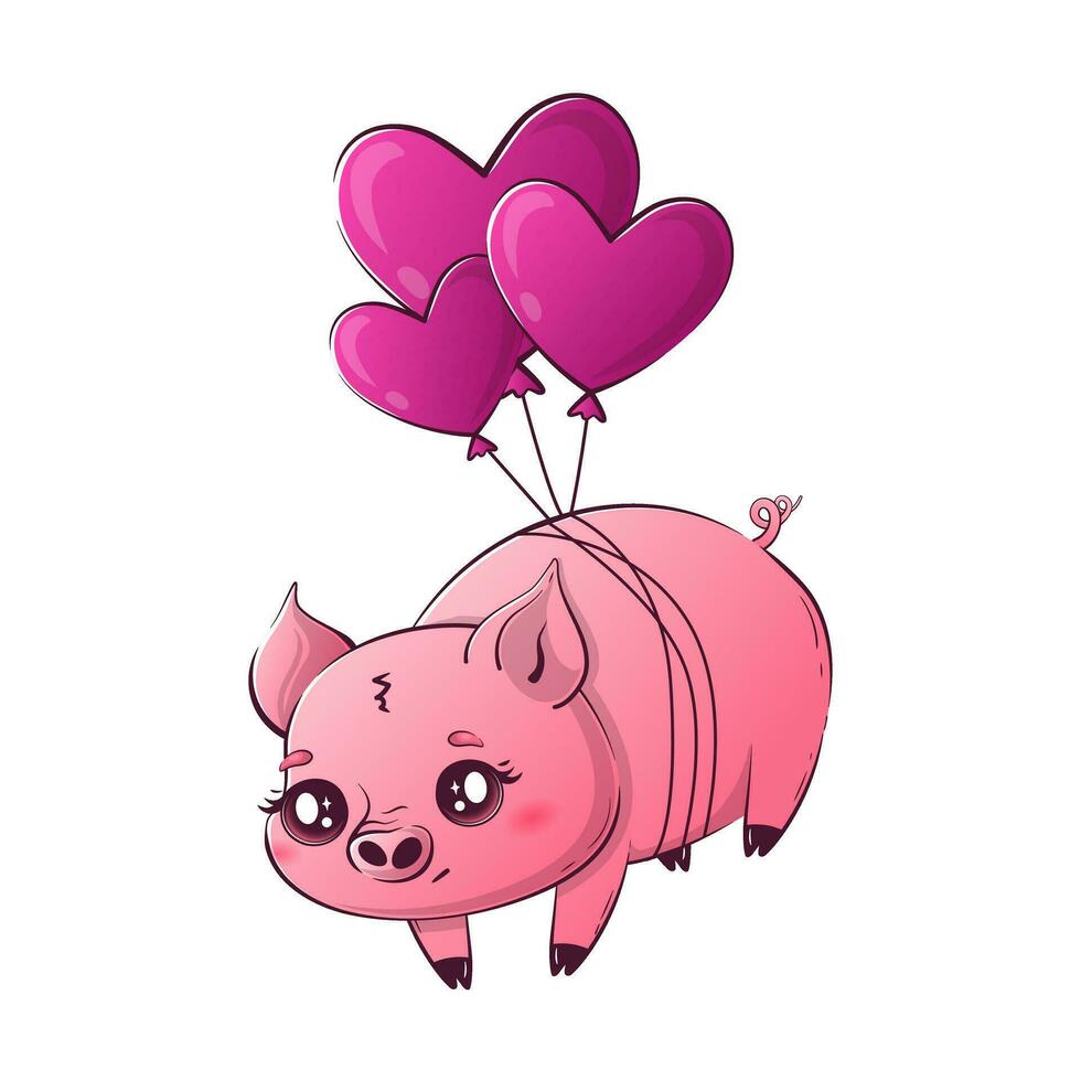 Kawaii pig flies with heart-shaped balloons. Cute animals for Valentine's Day vector