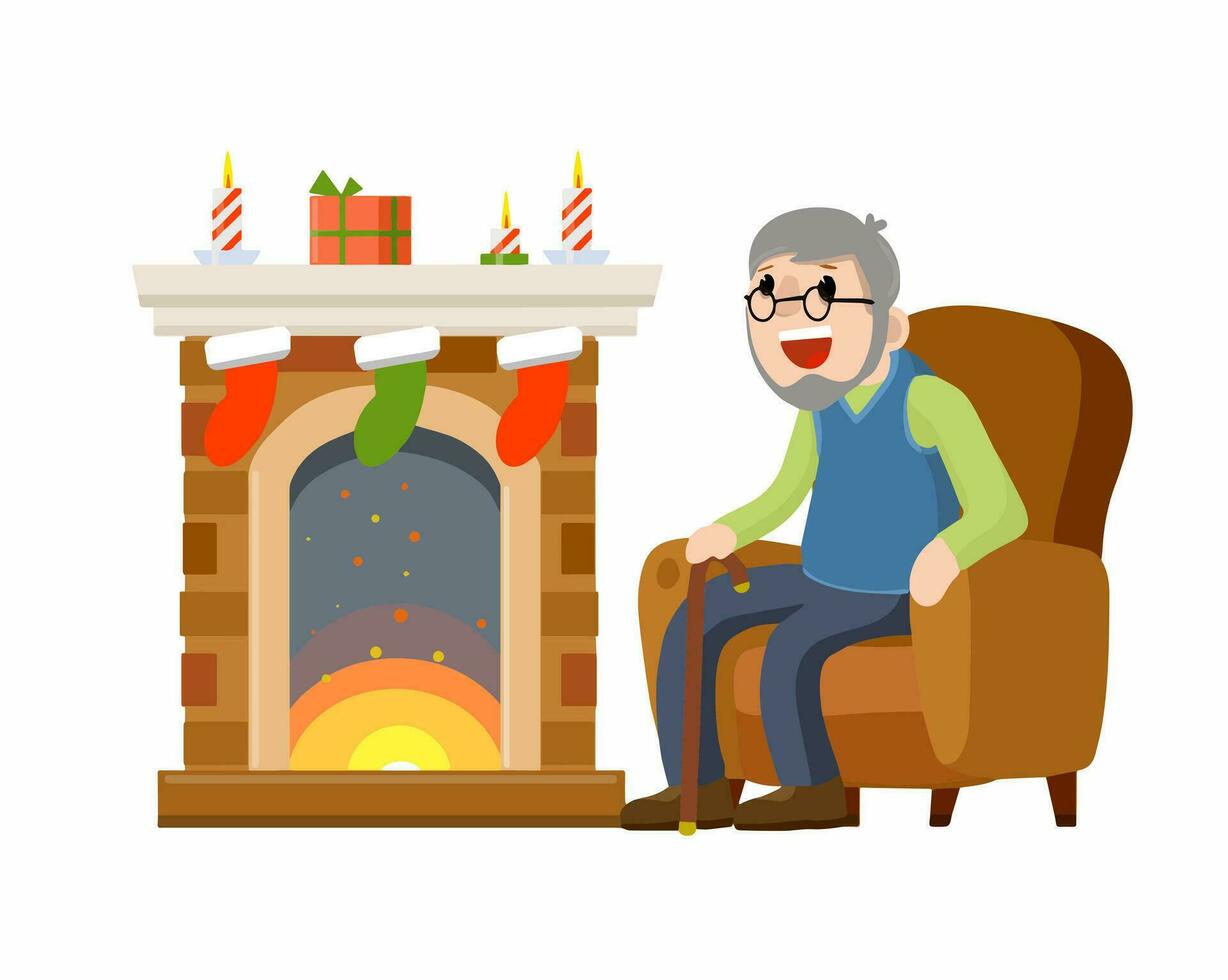 antiguo hombre se sienta en silla por chimenea. mayor celebra nuevo año y Navidad. abuelo en bonito acogedor casa. habitación mueble y abuelo. invierno concepto. plano dibujos animados. fuego, caja y calcetín con regalo vector