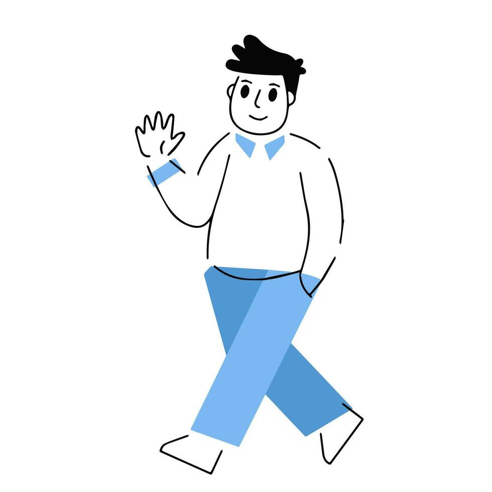 Man walk. Modern trendy geometric fat character. Outline cartoon illustration. Gesture of greeting vector