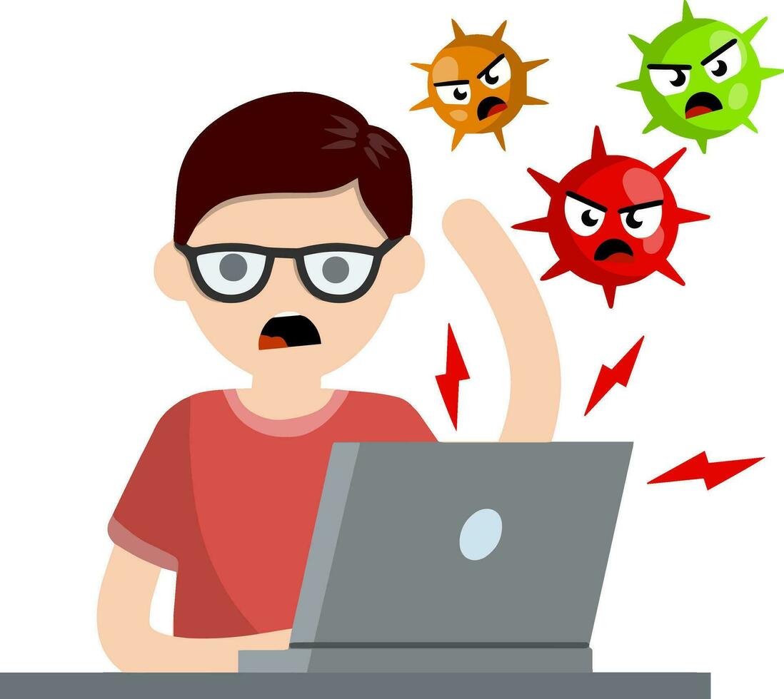 hombre a ordenador portátil con virus. problema con computadora. en línea amenaza. joven enojado chico. cuenta hackear. dibujos animados plano ilustración. hacker ataque vector