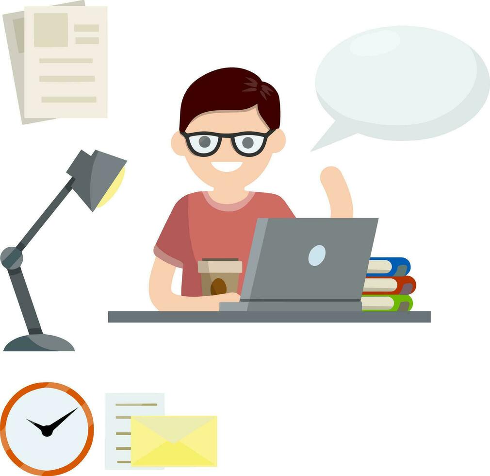 Man sits at table with laptop. Education and books. Conversation and speech. Set of business items. Clock, paper file document, lamp. Work freelance and programmer. Flat cartoon. Bubble text vector
