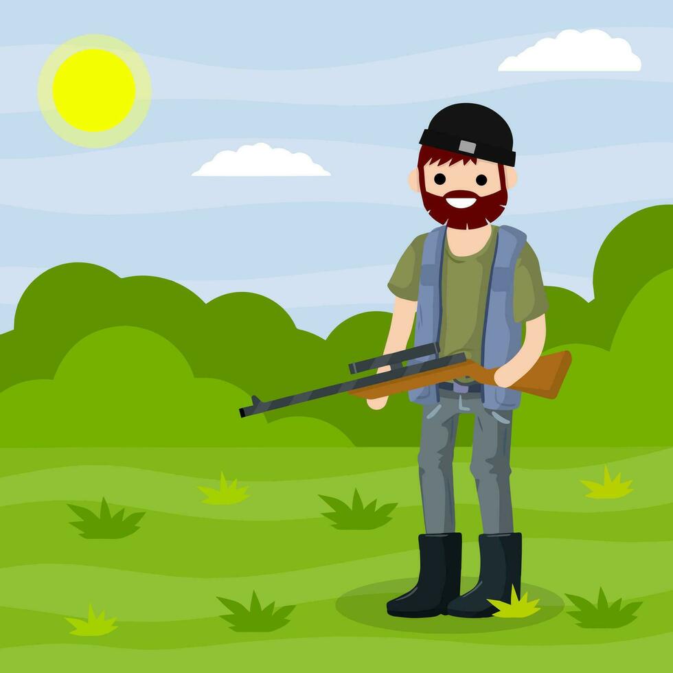 Man hunter with a gun. Survival in the woods. Equipment for hunting animals. Green forest, trees, field, bushes. Shooter and weapon. Cartoon flat illustration. Summer season. Guy with the rifle vector