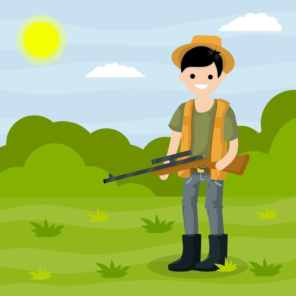 Man hunter with a gun. Survival in the woods. Equipment for hunting animals. Green forest, trees, field, bushes. Shooter and weapon. Cartoon flat illustration. Summer season. Guy with the rifle vector