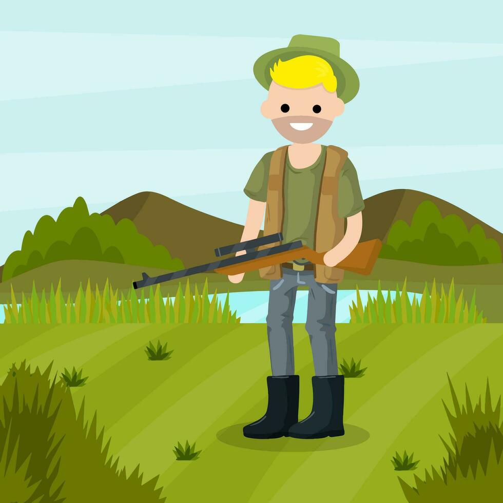 Man hunter with a gun. Survival in the woods. Equipment for hunting animals. Green forest, trees, field, bushes. Shooter and weapon. Cartoon flat illustration. Summer season. Guy with the rifle vector