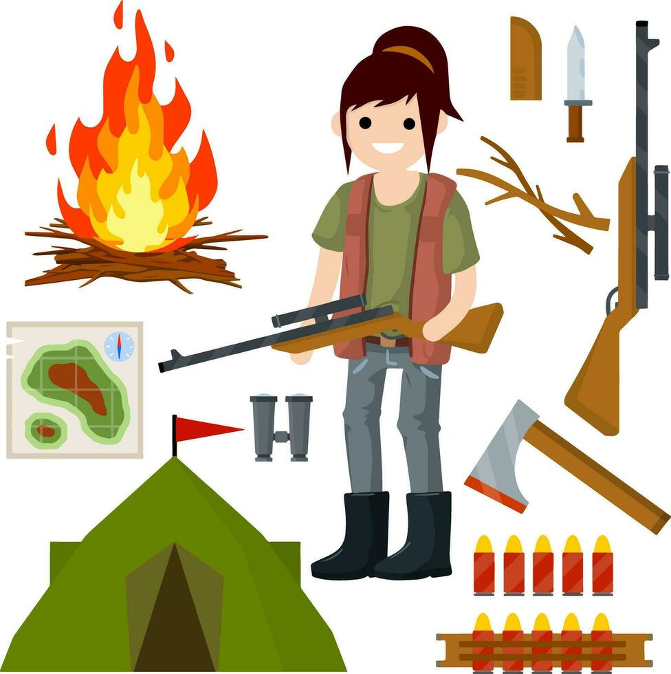 mujer cazador con pistola. supervivencia equipo en bosque. equipo para caza animales francotirador con rifle con alcance. fuego de palos, mapa, carpa, hacha, munición, cuchillo, acampar, prismáticos. activo descanso y deporte vector