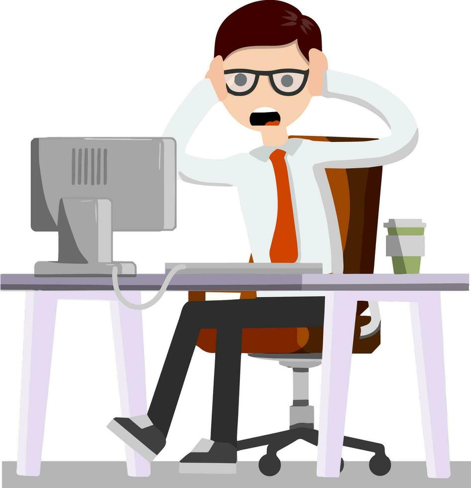 Man holding his head. Broken equipment. Broken computer. Crash the system. Office Crazy scared boss behind the monitor. Confused businessman. Cartoon flat illustration vector