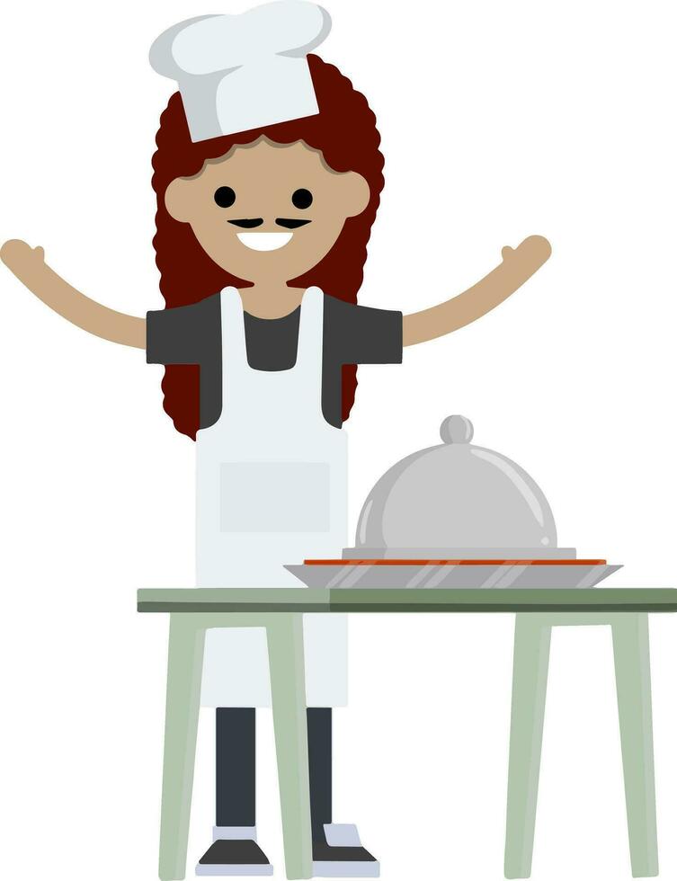 mujer en blanco delantal prepara alimento. mesa con plato y sabroso. elemento de café y restaurante. ama de casa en gorra cocinar dulce tarta. dibujos animados plano ilustración. trabajo de cocinero y camarero vector