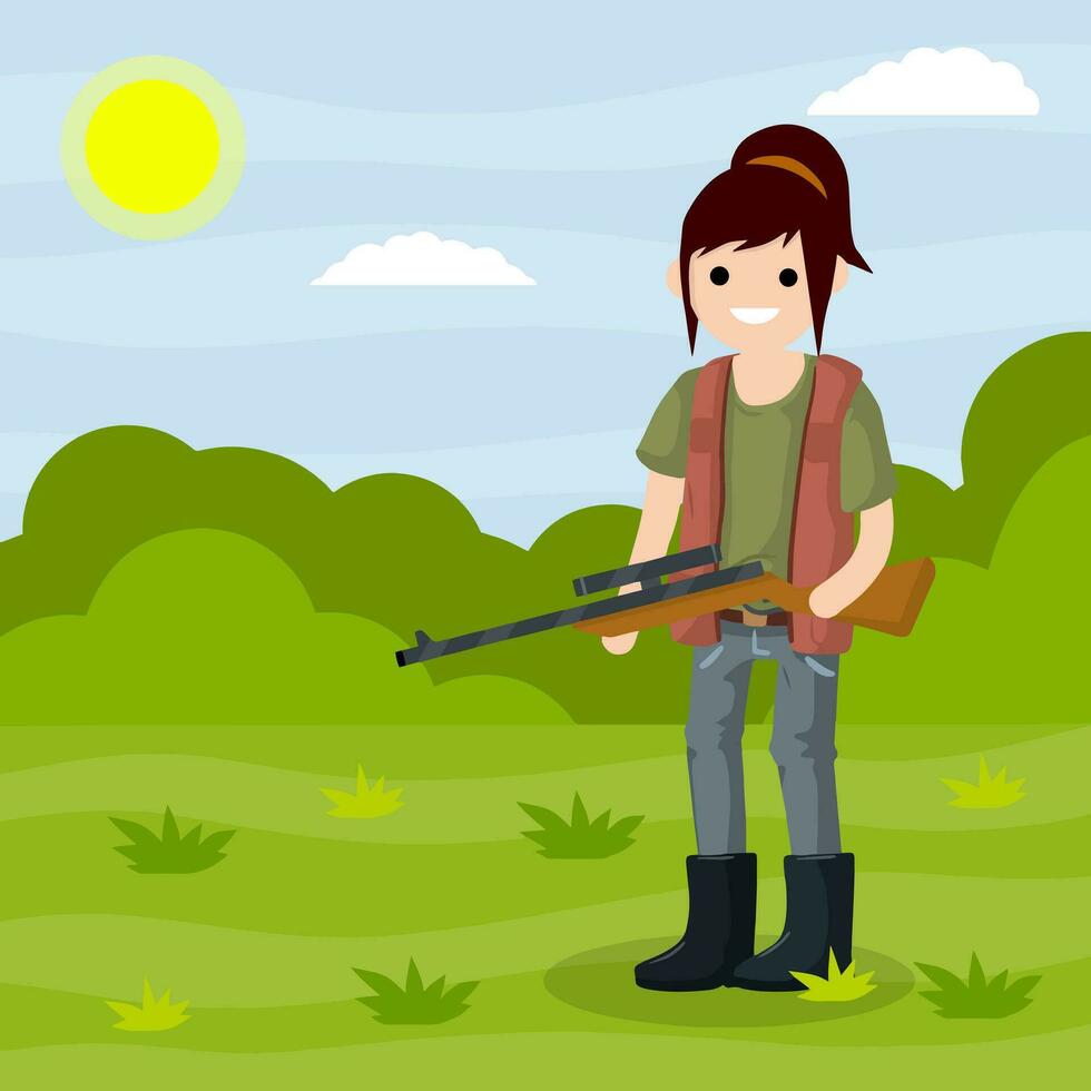 hombre cazador con un pistola. supervivencia en el bosque. equipo para caza animales verde bosque, árboles, campo, arbustos tirador y arma. dibujos animados plano ilustración. verano estación. chico con el rifle vector